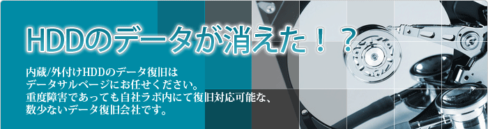 HDDのデータが消えた!?内蔵/外付けHDDのデータ復旧はデータサルベージにお任せください。重度障害であっても自社ラボ内にて復旧対応可能な、数少ないデータ復旧会社です。
